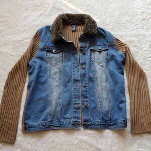 Vintage North Crest Denim Tan Sweater Fur Collar Women Large Retro Y2K 90s Boho
